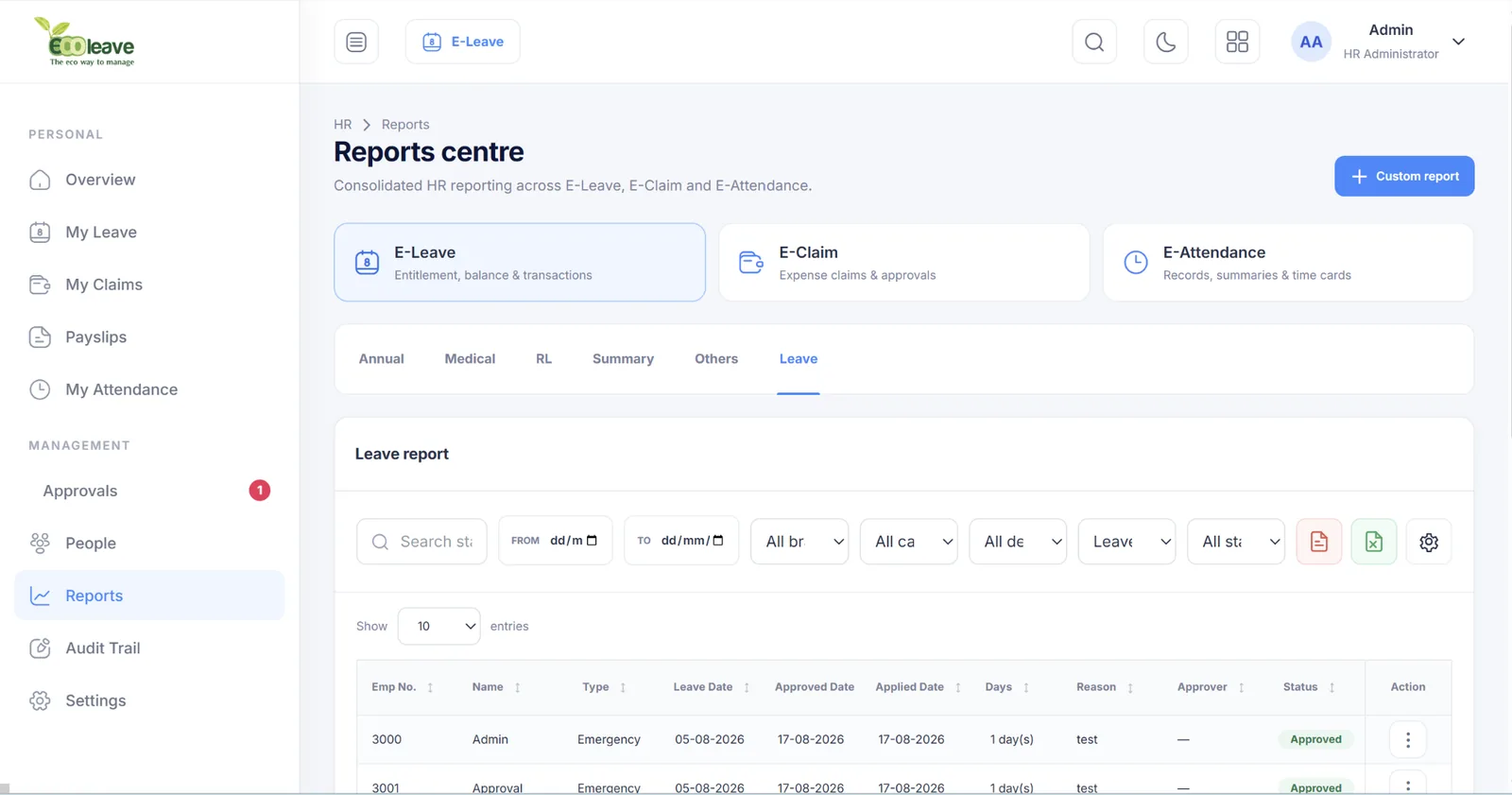 Ecoleave leave reports